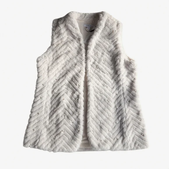 Chico's Pearl Embellished Faux Fur Vest Color Ivory - Picture 1 of 9